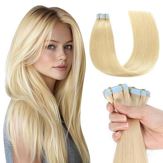Missme Tape in Hair Extensions Human Hair 18 inch 20 Pcs 50g #613 Blonde Tape ins Human Hair Extensions Remy Hair Skin Weft Seamless Invisible Silky Straight Thick Ends Add Length