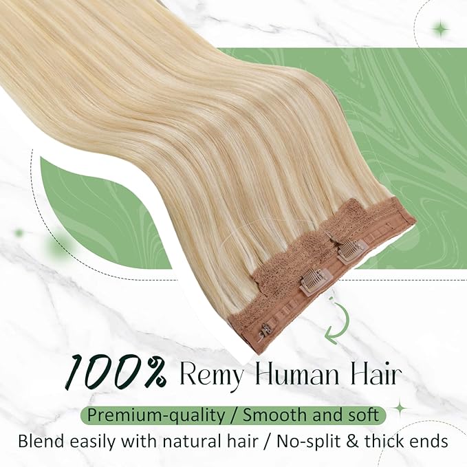 RUNATURE Wire Human Hair Extensions, Blonde Hair Extensions Real Human Hair, Headband Fish Line Extension for Women, Straight Remy Natural Hair, 12 Inch 70g #18P613 Ash Blonde Highlights
