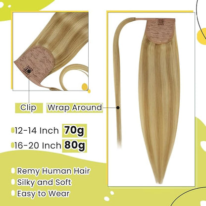 RUNATURE Ponytail Extension Real Human Hair, Blonde Highlight Human Hair Ponytail for Women, Wrap Around Hairpiece with Magic Paste, 12 Inch 70g #16P24 Golden Blonde Highlights