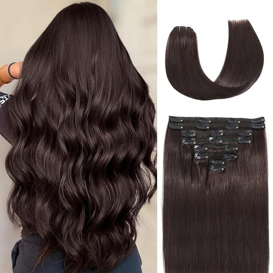 Clip in Hair Extensions Real Human Hair,100% Seamless Invisible Remy Human Hair Silky Straight,Clip Extensions for Women, 8pcs Per Set with Double Weft,2 Dark Brown,16inch 90g/3.2oz