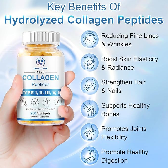 Multi Collagen Peptides for Women & Men, Hydrolyzed Collagen Peptides-Type I, II, III, V, X - with Hyaluronic Acid,Vitamin C,Biotin,Supports Skin Hair Nail, Non-GMO,840 Softgels