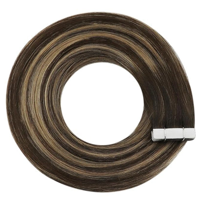 YoungSee Tape in Hair Extensions Real Human Hair Brown Balayage Tape Hair Extensions Real Human Hair Ombre Dark Brown to Caramel Blonde Real Hair Tape in Extensions Human Hair Seamless 14In 20pcs 50g