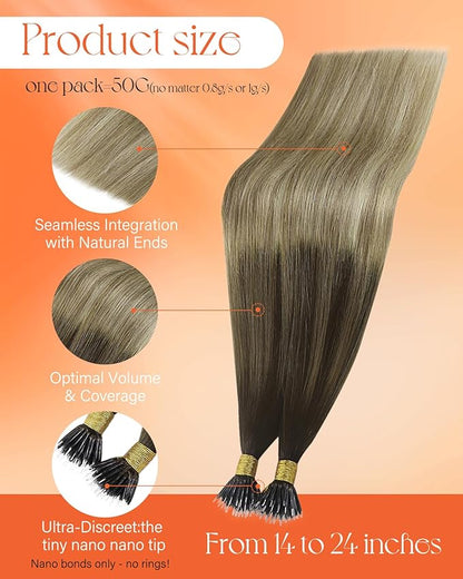 Sunny Hair Nano Tip Hair Extensions Ombre Remy Nano Ring Hair Extensions Natural Blends Dark Brown Ombre Light Blonde with Platinum Blonde 16inch 50g