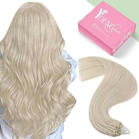YoungSee Microbead Hair Extensions Blonde 14In Microlink Hair Extensions Human Hair Platinum Blonde 50g 50s Micro Ring Hair Extensions Blonde for Short Hair Beaded Hair Extensions Silky Straight