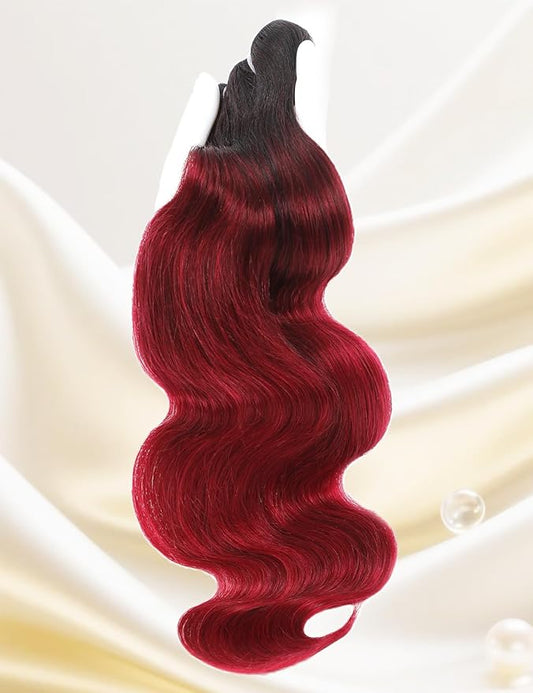 Ombre Bundles Human Hair, 13A Raw Indian Hair Bundles Body Wave, 26 Inch Colored 1B99J Burgundy Red Human Hair Bundles, Triple Service Life Keep Texture Silky Soft Tangle-Free