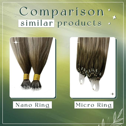 RUNATURE 20 Inch Nano Hair Extensions - Balayage Brown to Blonde Silky Human Hair - Remy Pre-Bonded Nano Bead Straight Extensions 50g 50s