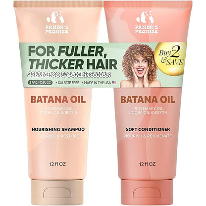 Panda's Promise Batana Oil Shampoo and Conditioner Set – Sulfate Free Batana Oil for Hair Growth – Thickening Conditioner and Shampoo for Damaged Hair, and All Hair Types, Unisex (12 fl oz Each)