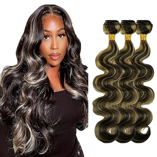 P1B/27 Human Hair Bundles Highlight Body Wave Bundles Brazilian Grade 8A Virgin Hair Same Length 3 Bundles 12 12 12 Inch 2 Tone Black and Honey Blonde Body Wave Bundles