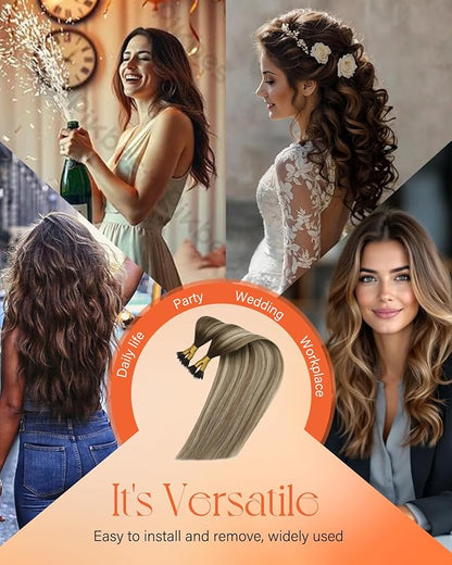 Sunny Hair 22inch Nano Bead Hair Extensions Human Hair Balayage Brown with Blonde Nano Loop Hair Extensions Human Hair Invisible Nano Tip Extensions Human Hair 50g