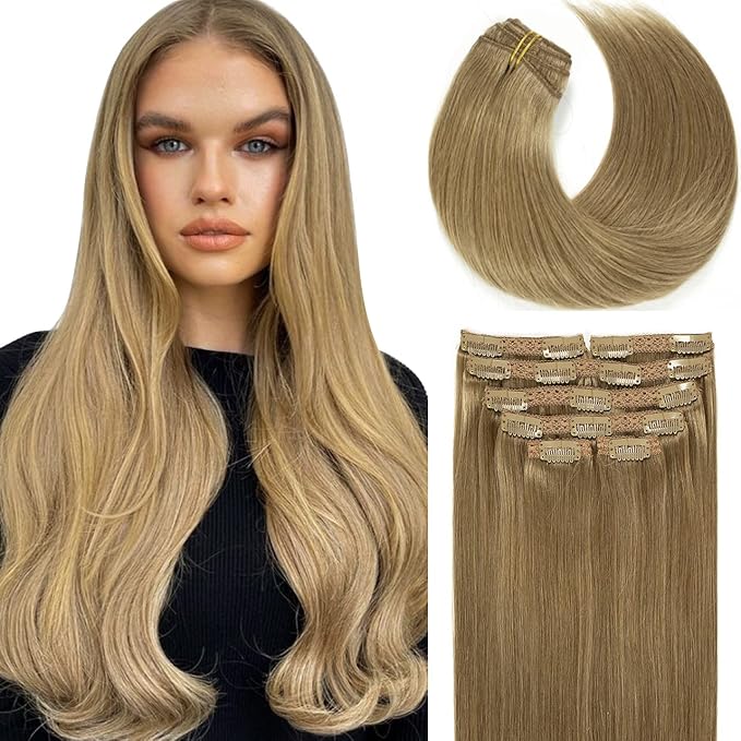 Lacer Hair Extensions Clip In Real Human Hair Extensions 120g 7 Pieces Silky Straight Weft Remy Human Hair Clip in Hair Extensions Light Brown #8 20 Inch