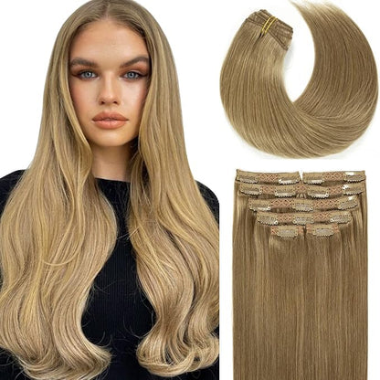 Lacer Hair Extensions Clip In Real Human Hair Extensions 120g 7 Pieces Silky Straight Weft Remy Human Hair Clip in Hair Extensions Light Brown #8 20 Inch
