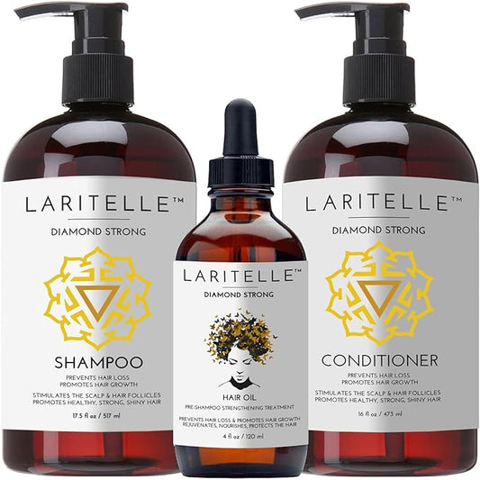Diamond Strong Organic Hair Care Set | Shampoo, Conditioner & Treatment | Strengthening, Nourishing & Restoring | Argan, Jojoba, Rosemary & Ginger | Vegan, Non-GMO, Made in USA