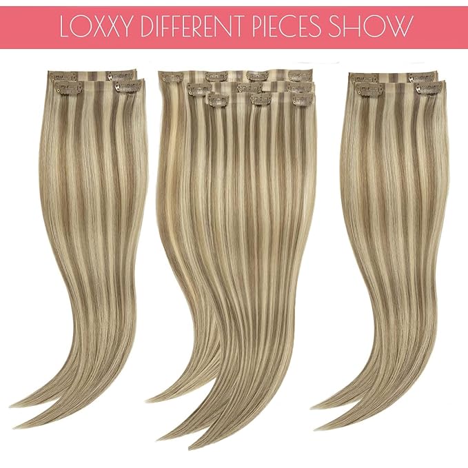 Loxxy Real Hair Extensions Clip in Human Hair 16Inch 130G Light Brown Mixed With Platinum Blonde Invisible Seamless Clip in Hair Extensions Remy Human Hair 7Pcs Silky Straight For Women