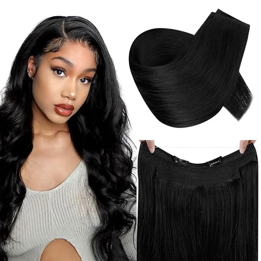 RUNATURE Wire Hair Extensions Real Human Hair, Transparent Fish Line Hair Extensions Jet Black, Adjustable Size, Heat-resistant Easy to Maintain, 20 Inch 100g #1 Jet Black