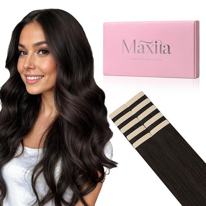 MAXITA Tape in Hair Extensions Human Hair Dark Brown 20 Inch 30g 10pcs Remy Human Hair Extensions Straight Seamless Tape in Skin Weft Extensions for Women