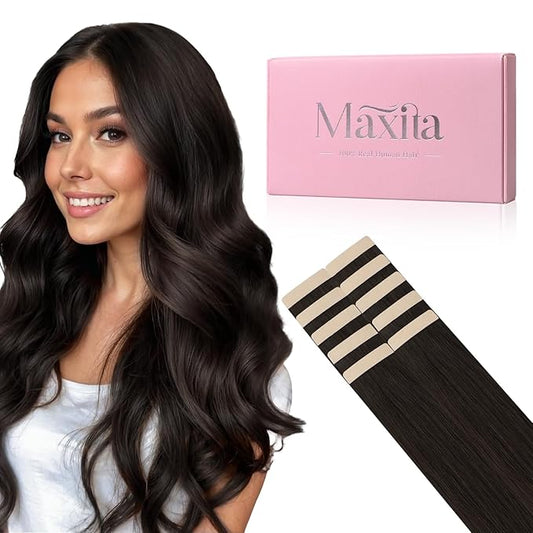 MAXITA Tape in Hair Extensions Human Hair Dark Brown 16 Inch 25g 10pcs Remy Human Hair Extensions Straight Seamless Tape in Skin Weft Extensions for Women
