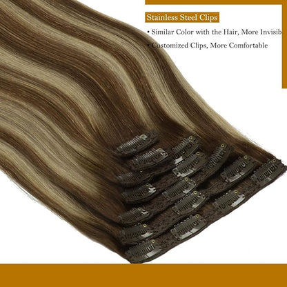 Loxxy Human Hair Extensions Clip ins Real Hair Clip in Extensions 18inch 120gram Thick Hair Extensions Omber Brown 4 to Highlights Caramel Blonde 26 Clip Extensions Human Hair Dark Roots