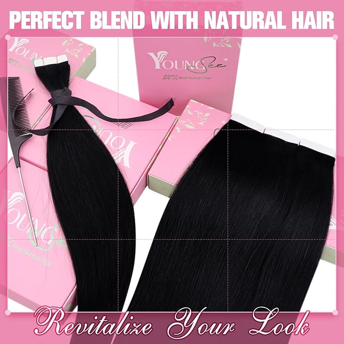 YoungSee Tape in Hair Extensions Human Hair Black Tapein Hair Extensions Real Human Hair Jet Black 20pcs 50g Black Human Hair Tape in Extensions Silky Straight 18 Inch Remy Hair Extensions Seamless