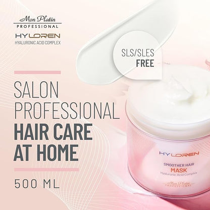 Mon Platin Professional Hair Mask for Damaged Hair & Straightened , 500ml - HY Loren Smoother with Hyaluronic Acid, Deep Conditioning Treatment, Anti-Frizz Conditioner