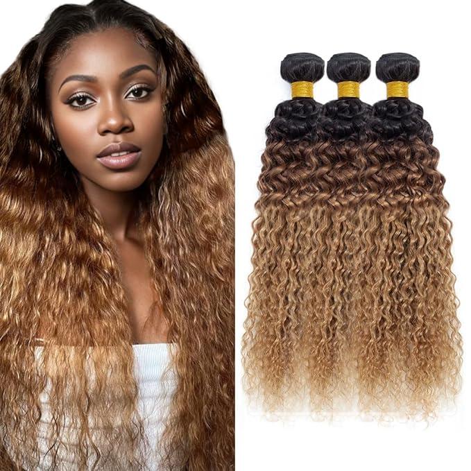 Ombre Human Hair Bundles T1b427 Kinky Curly Bundle Peruvian Virgin Soft And Silky Remy Hair 3 Bundles 24 26 28 Inch Double Weft Hair Weave Honey Blonde Color