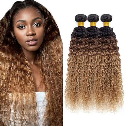 Ombre Human Hair Bundles T1b427 Kinky Curly Bundle Peruvian Virgin Soft And Silky Remy Hair 3 Bundles 24 26 28 Inch Double Weft Hair Weave Honey Blonde Color