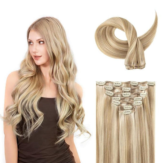 Clip in Hair Extensions Real Human Hair, Silky Remy Hair Extensions Clip Ins, Salon Quality Natural Human Hair, Light Blonde Highlighted Golden Blonde #P16/22 18Inch 120G 7PCS