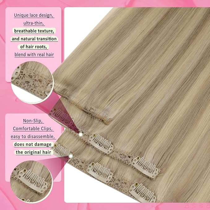 YoungSee Clip in Hair Extensions Human Hair Highlight Lace Clip in Extensions Real Human Hair Dark Ash Blonde Highlights Golden Blonde Remy Human Hair Extensions Clip ins Blonde 16Inch 7Pcs 120G