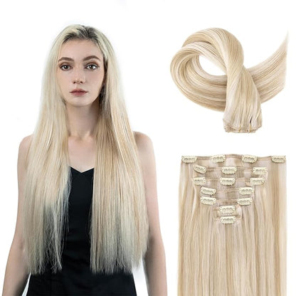 Clip in Hair Extensions Real Human Hair, 100% Remy Hair Extensions Clip Ins, Dark Blonde Highlighted Bleach Blonde Hair Extension for Women, #P18A/613A 24Inch 120G 7PCS