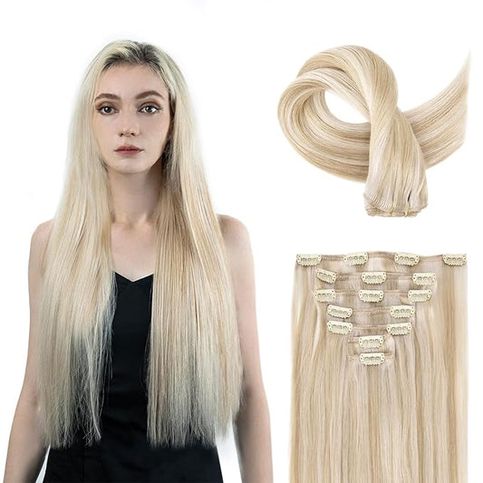 Clip in Hair Extensions Real Human Hair, 100% Remy Hair Extensions Clip Ins, Dark Blonde Highlighted Bleach Blonde Hair Extension for Women, #P18A/613A 24Inch 120G 7PCS