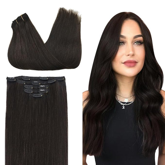 DOORES Human Hair Extensions Clip in, 5pcs 75g 16 Inch Dark Brown Real Clip in Hair Extensions Silky Hair Extensions Natural Hair