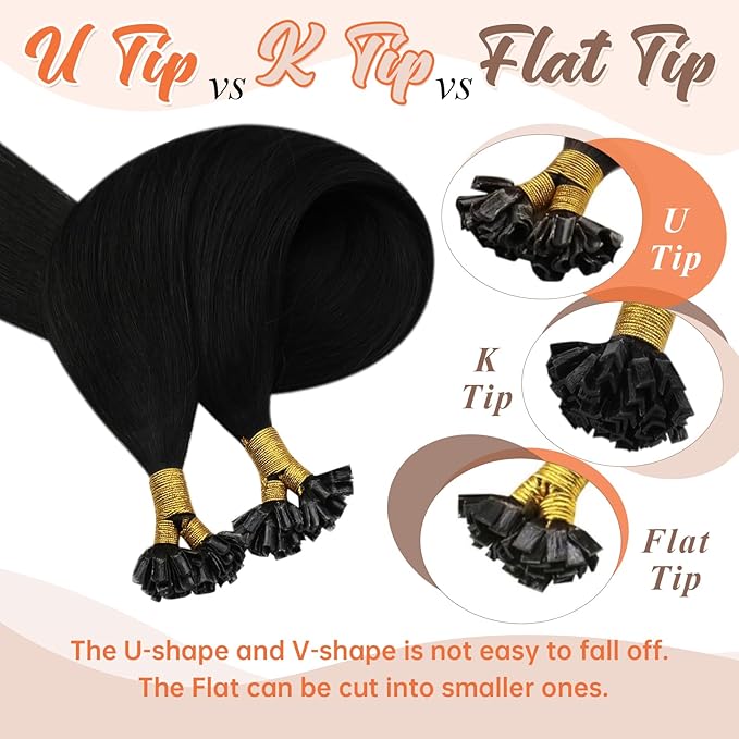 Sunny Hair U Tip Hair Extensions Human Hair Black K Tip Hair Extensions Real Human Hair Black Ktip Human Hair Extensions Straight Tip for Women Pre Bonded Fit Any Occasion 16inch 50g