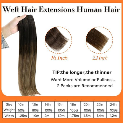 Full Shine Weft Hair Extensions Human Hair Invisible Sew In Hair Extensions Real Human Hair Sew In Extensions Remy Hair Balayage Weft Extensions Color Natural Black To Light Brown Mix Blonde 22 Inch