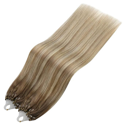 YoungSee Micro Link Hair Extensions Human Hair Ombre Microloop Hair Extensions Human Hair Balayage Light Brown with Blonde Bead Hair Extensions Real Human Hair for Long Hair 24 Inch 50s 50g