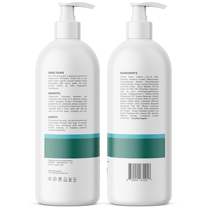 Peppermint Shampoo with Castor Oil & Biotin, Soothes Dry, Itchy Scalp, Strengthens Hair, Reduces Thinning & Hair Loss, Promotes Growth, Adds Volume, Sulfate-Free, 16 fl oz