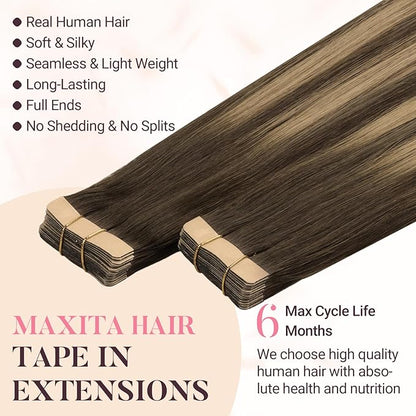 MAXITA Tape in Hair Extensions Human Hair 4/27/4 Chocolate Brown Mixed Caramel Blonde Balayage 20 Inch 30g 10pcs Thick Ends Straight Seamless Tape ins Remy Invisible Tape in Extensions Human Hair