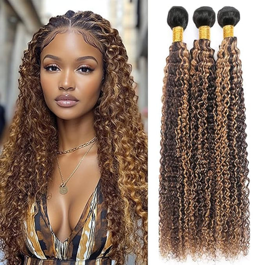 Ombre P427 Kinky Curly Bundles Highlight Curly Bundles Dark Brown and Honey Blonde Brazilian Human Hair Extensions Soft and Silky for Black Women 16 18 20 Inch
