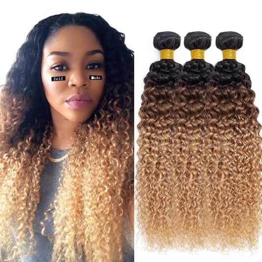 4/27 Bundles Human Hair Ombre Brown Kinky Curly Bundle Niegmeag Hair Unprocessed Brazilian Virgin Remy Hair Extensions 26 28 30 Inch Double Weft Real T1B/4/27 Bundles