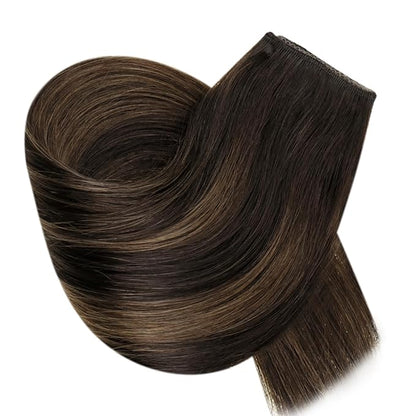 RUNATURE Invisible Wire Hair Extensions Real Human Hair, Balayage Human Hiar Extensions with Transparent Headband Fish Line Extensions, Soft Remy Hair for Women, One Piece 14 Inch 70g #2/2/6