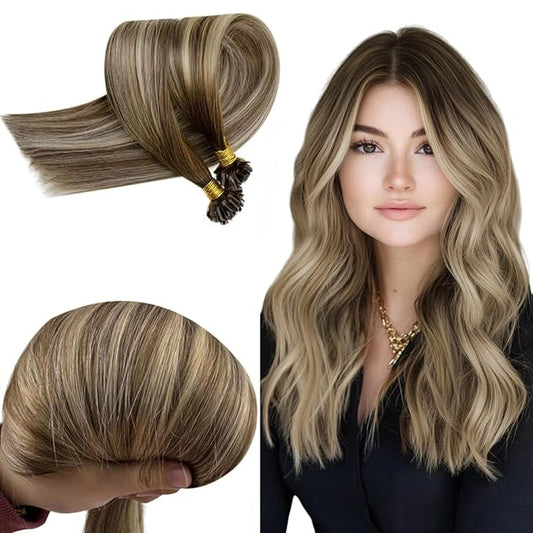 RUNATURE U Tip Hair Extensions Human Hair, Balayage Real Keratin Tip Extensions for Short Hair, Silky Remy Natural Hair, Hot Fusion Heat Resistant, 12 Inch 40g 50strands #3/8/22 Brown to Blonde