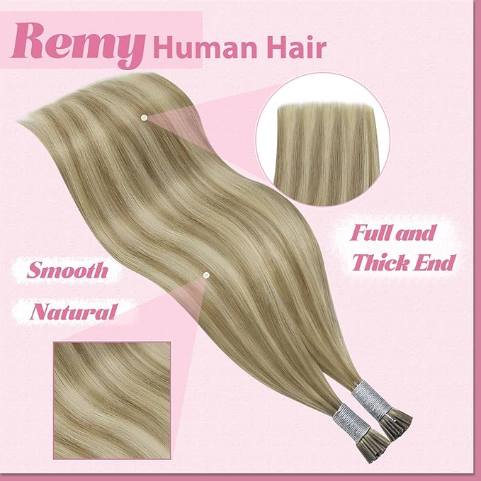 YoungSee I Tip Hair Extensions Human Hair Brown I Tips Hair Extensions Real Human Hair Light Brown with Blonde Highlight Tip Hair Extensions Real Human Hair Short Hair Extensions 14 Inch 80s 50g