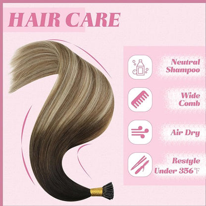 YoungSee I Tips Hair Extensions Balayage Itips Hair Extensions Human Hair Dark Brown Ombre Blonde with Brown Tip Hair Extension for Women Real Hair 16 Inch Pre Bonded Hair Extension for Girl 80s 50g