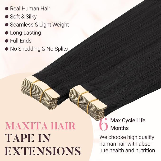 MAXITA Tape in Hair Extensions Human Hair 1B Natural Black 14 Inch 25g 10pcs Thick Ends Remy Seamless Straight Human Hair Extensions Invisible Tape in Extensions Human Hair