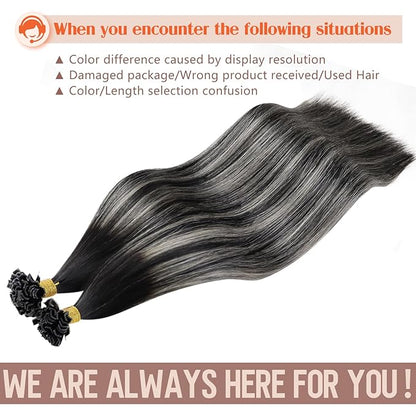 Sunny Hair K Tip Extensions Real Human Hair Ombre Black Ktip Hair Extensions Natural Black Roots to Silver Grey Balayage 22inch 50g