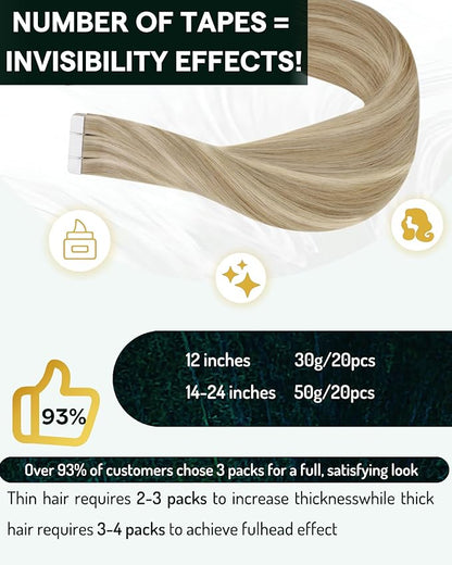 RUNATURE Human Hair Tape in Extensions Ash Blonde Mix Light Blonde Invisible Tape in Hair Extensions Human Hair 18 Inch Double Sided Remy Tape ins Human Hair Extension Silky Full Ends 50g 20pcs