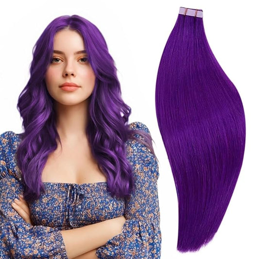 RUNATURE Tape in Hair Extensions Human Hair Straight Color Purple Hair Extensions Tape in Extensions for Long Hair, Remy Natural Hair for Highlights, Soft Silky Tape Ins 20 Inch 50g 20pcs