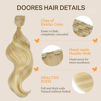 DOORES Clip in Hair Extensions Human Hair, Dirty Blonde Mixed Platinum Blonde 150g 9pcs 20 Inch, Remy Hair Extensions Clip in Straight Thick