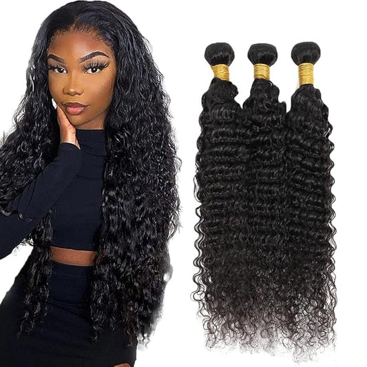 #1B Human Hair Bundles Deep Wave Bundles 20 20 20 Inch Unprocessed Brazilian Virgin Hair Weave 3 Bundles 50 Grams Per Bundle Natural Color Bundle Human Hair Extensions