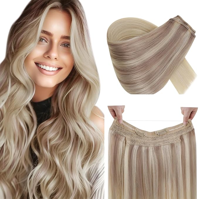 RUNATURE Invisible Wire Hair Extensions, Real Human Hair Extensions Wire, Secret Fish Line Extensions, Natural Remy Hair, Short Straight Hair 12 Inch 70g #18/22/60 Blonde Balayage