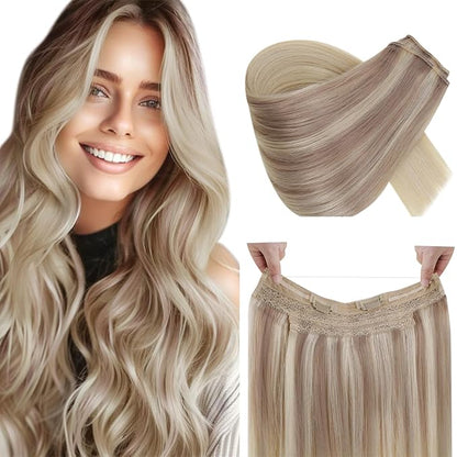 RUNATURE Invisible Wire Hair Extensions, Real Human Hair Extensions Wire, Secret Fish Line Extensions, Natural Remy Hair, Short Straight Hair 12 Inch 70g #18/22/60 Blonde Balayage