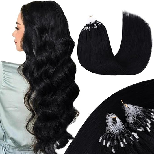 MAXITA Microlink Hair Extensions Human Hair, Jet Black Micro Bead Hair Extensions Virgin Human Hair, 50g/50 Strands/Pack, 14 In